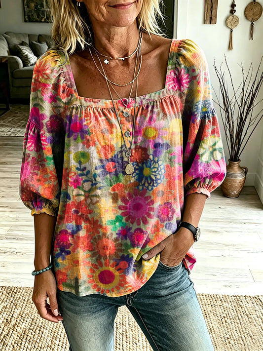 Women's Colorful Floral Artistic Print Casual Square-Neck Top