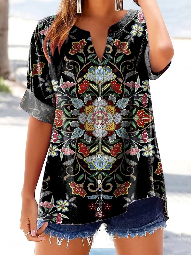Women's Retro Ethnic Floral Totem Print Short Sleeve V-Neck Cotton and Linen Shirt
