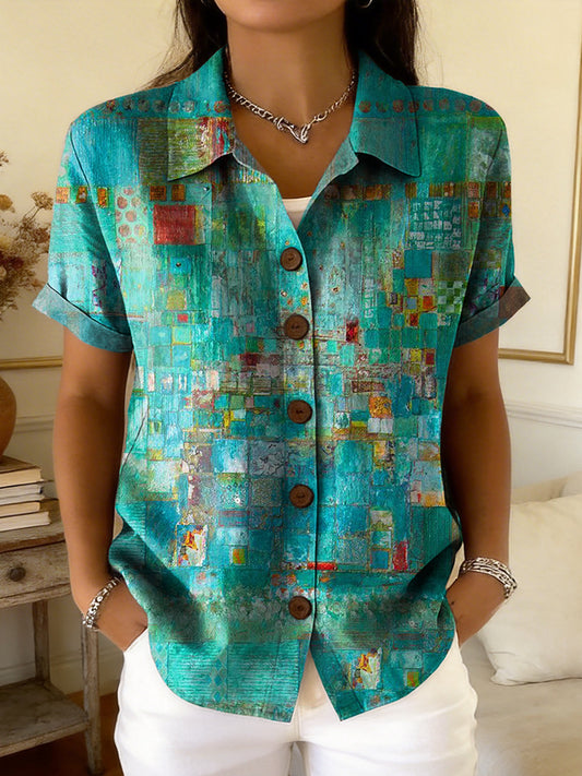 Women's Retro Colorful Art Print Casual Short-sleeve Cardigan Shirt