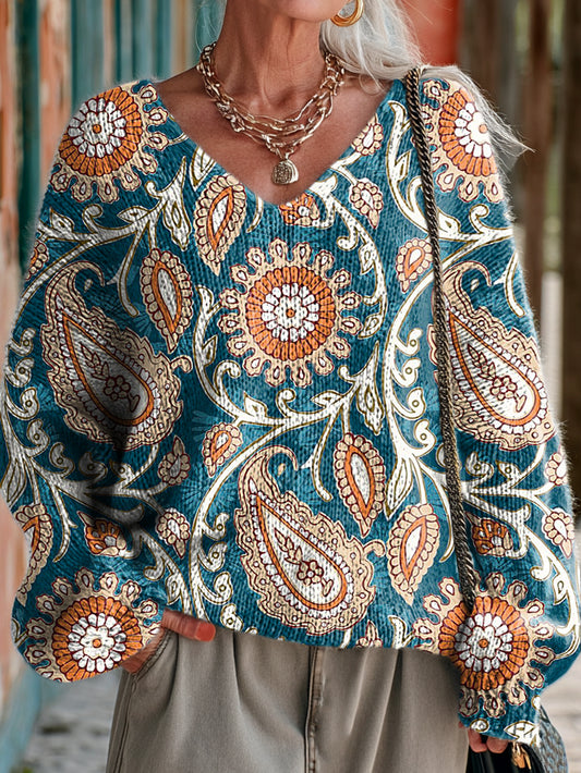 Women's Vintage Ethnic Blue Floral Pattern Art Prints Casual V-neck Knitwear