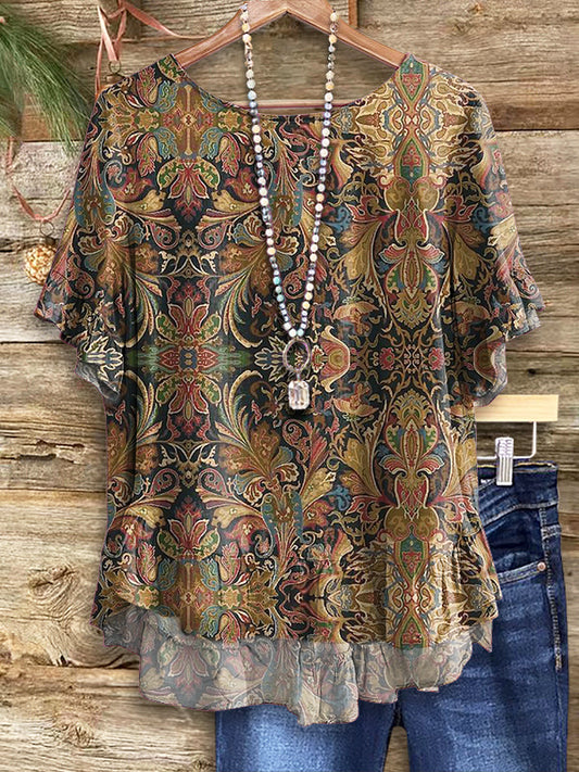 Women's Ethnic Totem Art Pattern Printed Casual Round Neck Short Sleeve Shirt