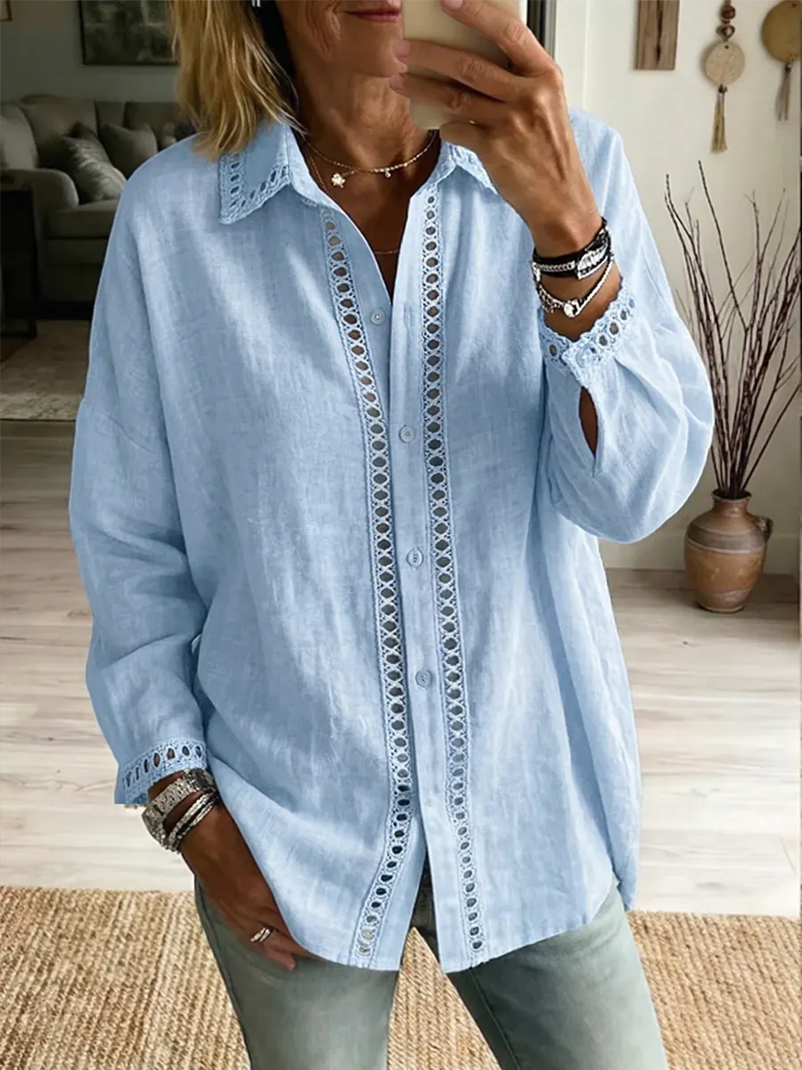Women's Art Print Casual Long Sleeved Hollow-out Cotton Linen Shirt