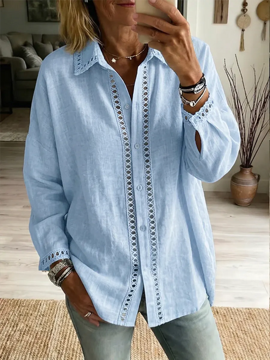 Women's Art Print Casual Long Sleeved Hollow-out Cotton Linen Shirt