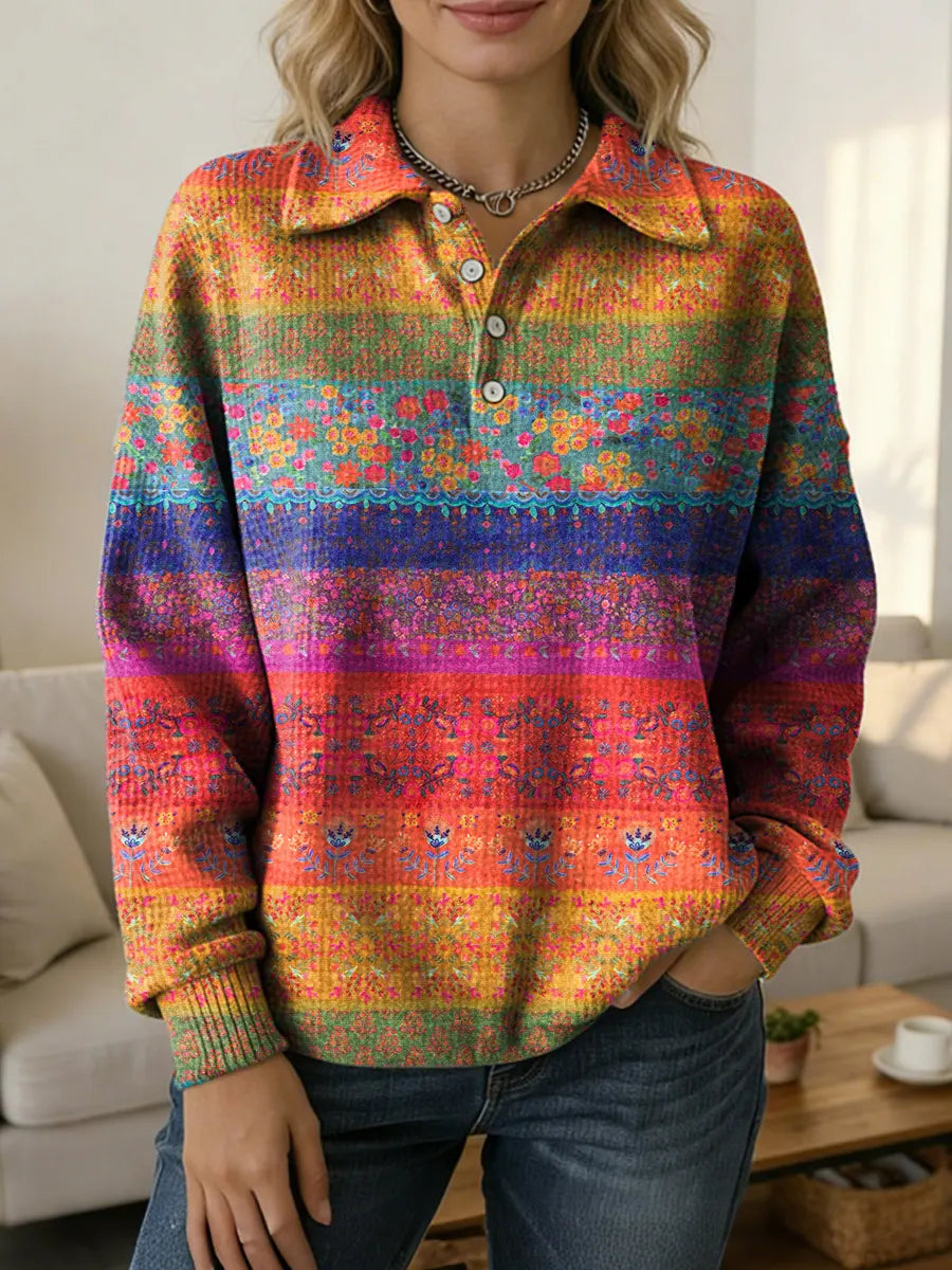 Vintage National Flower Stripes Women's Print Casual Cotton Shirt