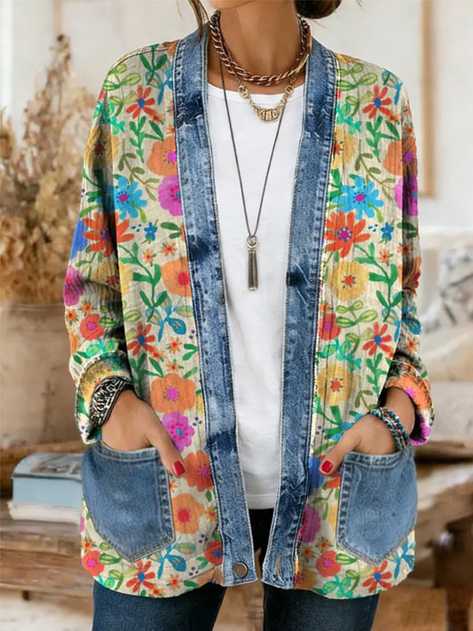 Women's Vintage Colorful Floral Art Print Casual Long-sleeved Comfortable Denim Patchwork Cardigan