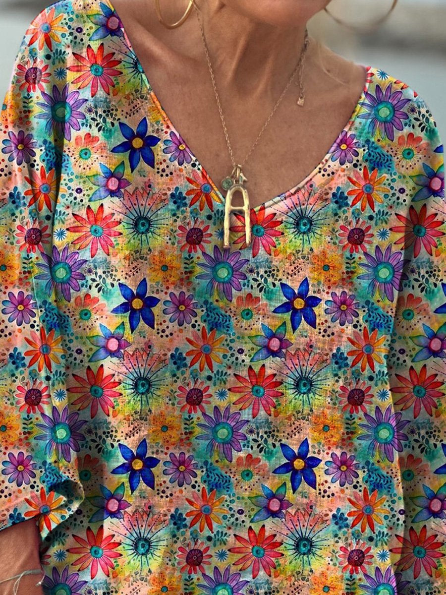 Colorful Hippie Style Floral Pattern Printed Women's Casual V-Neck Long Sleeve Comfortable Cotton T-Shirt