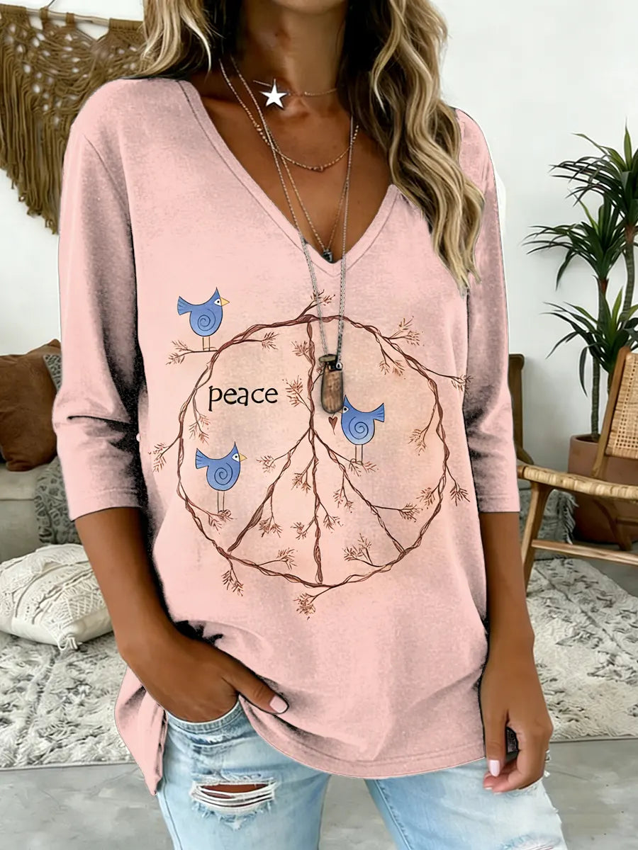 Women's Hippie Bird Peace Print V-Neck Comfortable Cotton T-Shirt
