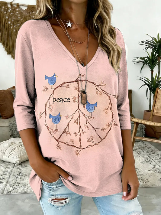 Women's Hippie Bird Peace Print V-Neck Comfortable Cotton T-Shirt