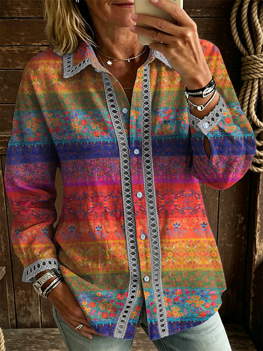 Women's Retro Colorful Floral Striped Art Print Casual Long-sleeved Hollow-out Cotton Linen Shirt