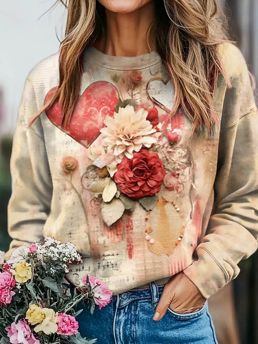 Valentine's Day Vintage Floral Love Print Casual Crew Neck Sweatshirt