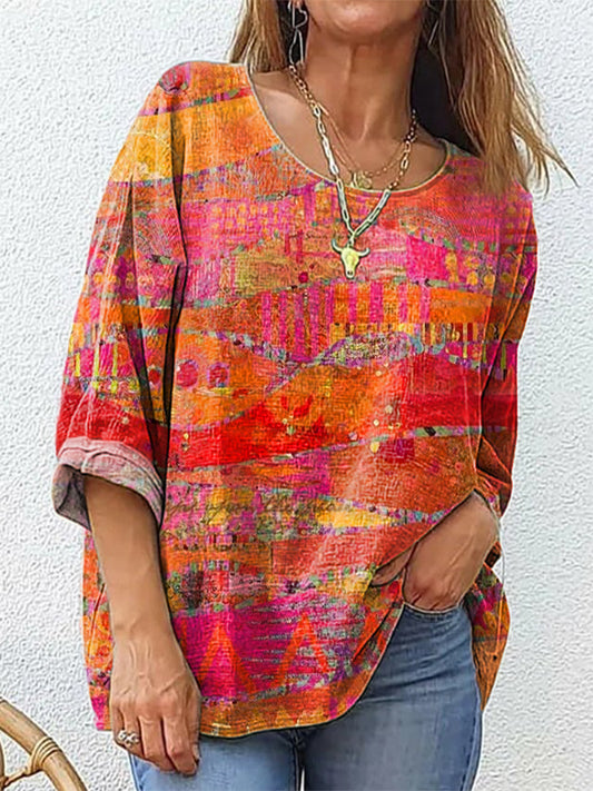 Women's Abstract Line Art Print Casual Crew Neck Cotton And Linen Shirt