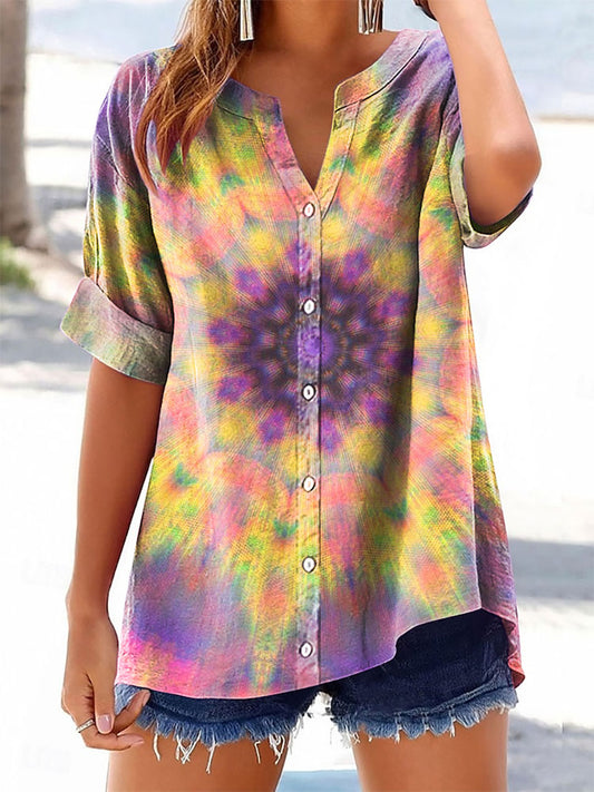 Gradation Kaleidoscope Vintage Art Women's Print Casual Cotton And Linen Shirt