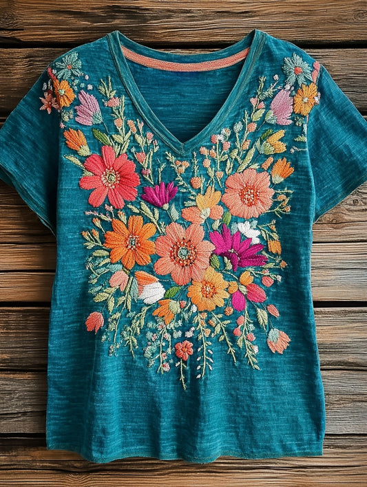 Women's Folk Flower Art Print V-neck Casual T-Shirt