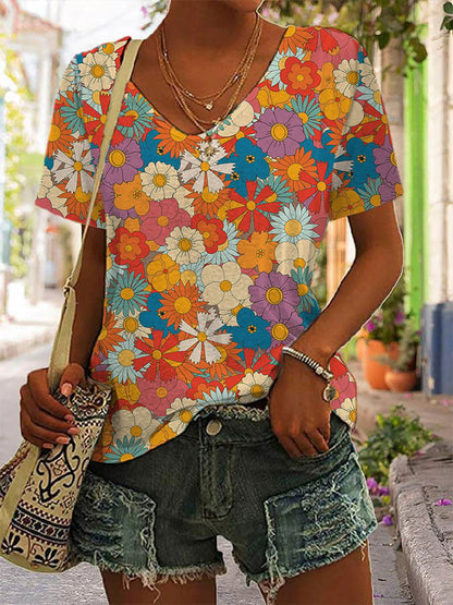 Women's Hippie Floral Print V-Neck T-Shirt