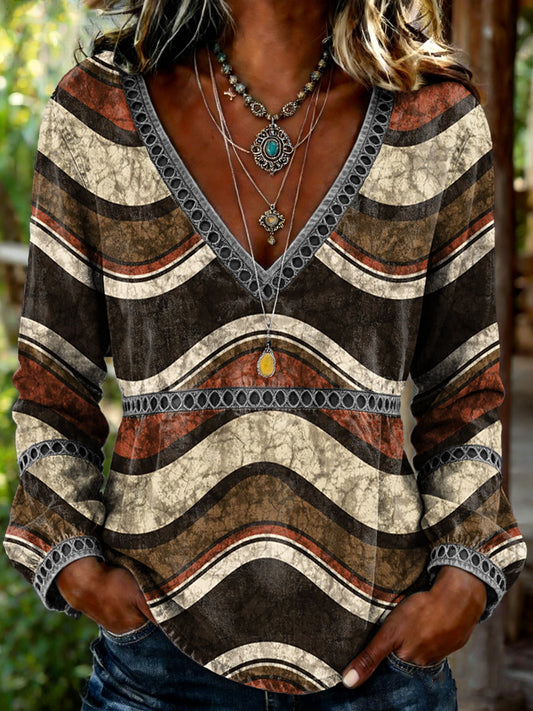 Women's Retro Ethnic Wave Art Print Casual Long-sleeve V-neck Hollow-out Shirt