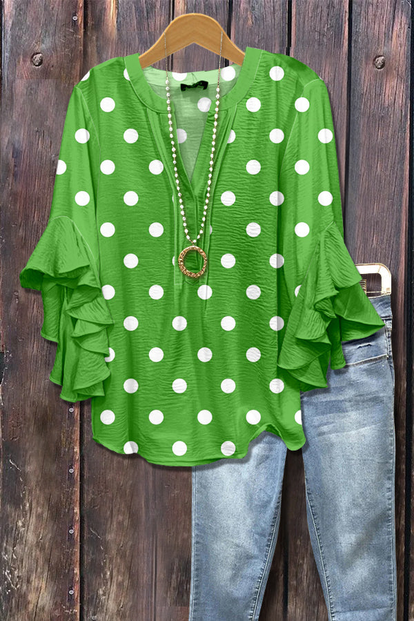 Polka Dot Print Ruffle Sleeve Top