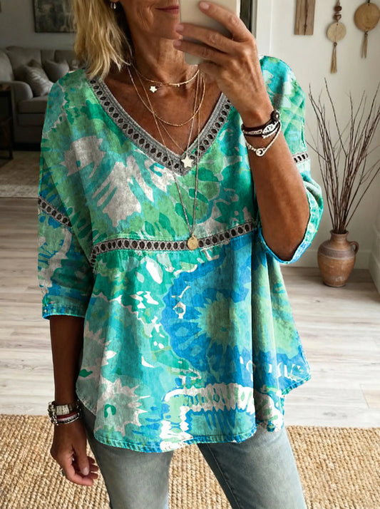 Women's Tie-dye Heart Pattern Art Print Casual V-neck Lace-up Top