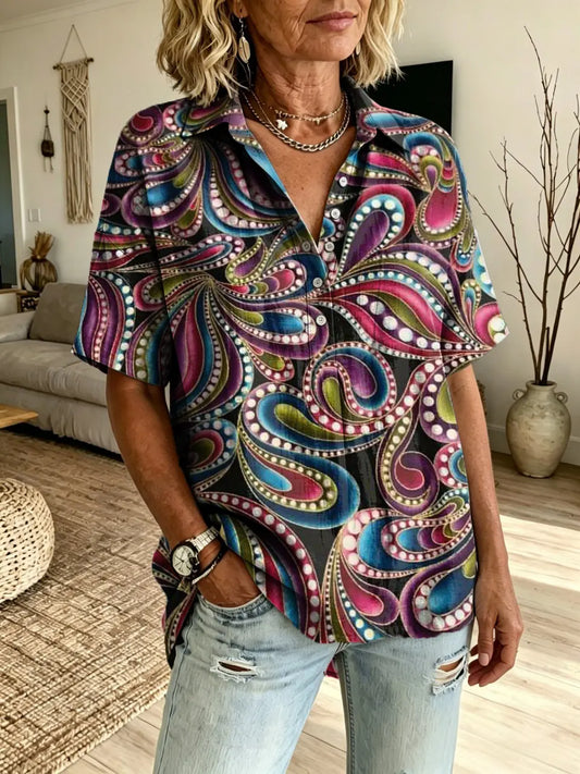 Women's Bohemian Geometric Floral Art Print Short-Sleeve Henley Shirt with Lapel Collar
