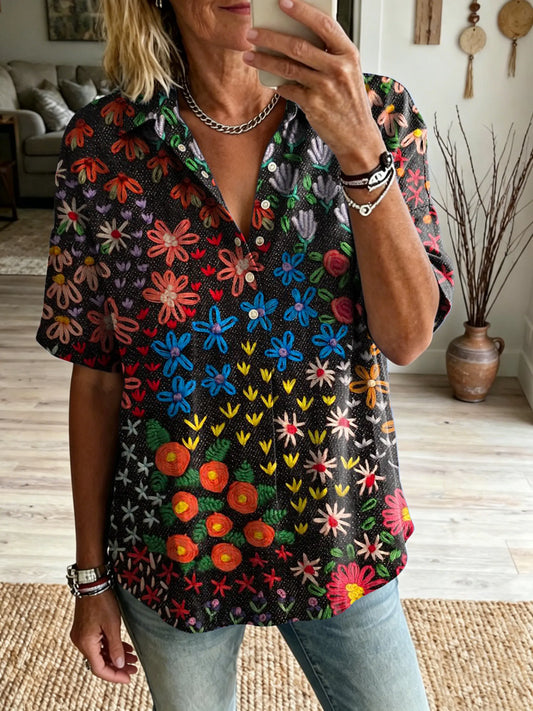 Women's Retro Colorful Textured Petal Art Print Lapel Short-Sleeve Henley Shirt