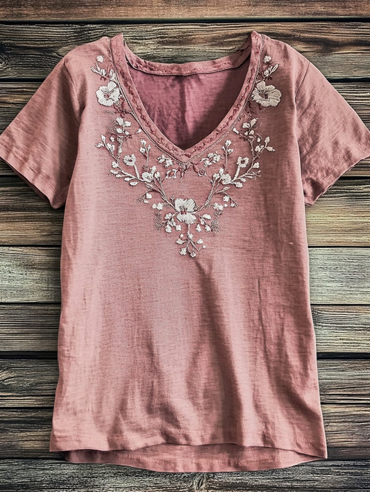 Women's Folk Flower Art Print V-neck Casual Cotton T-Shirt