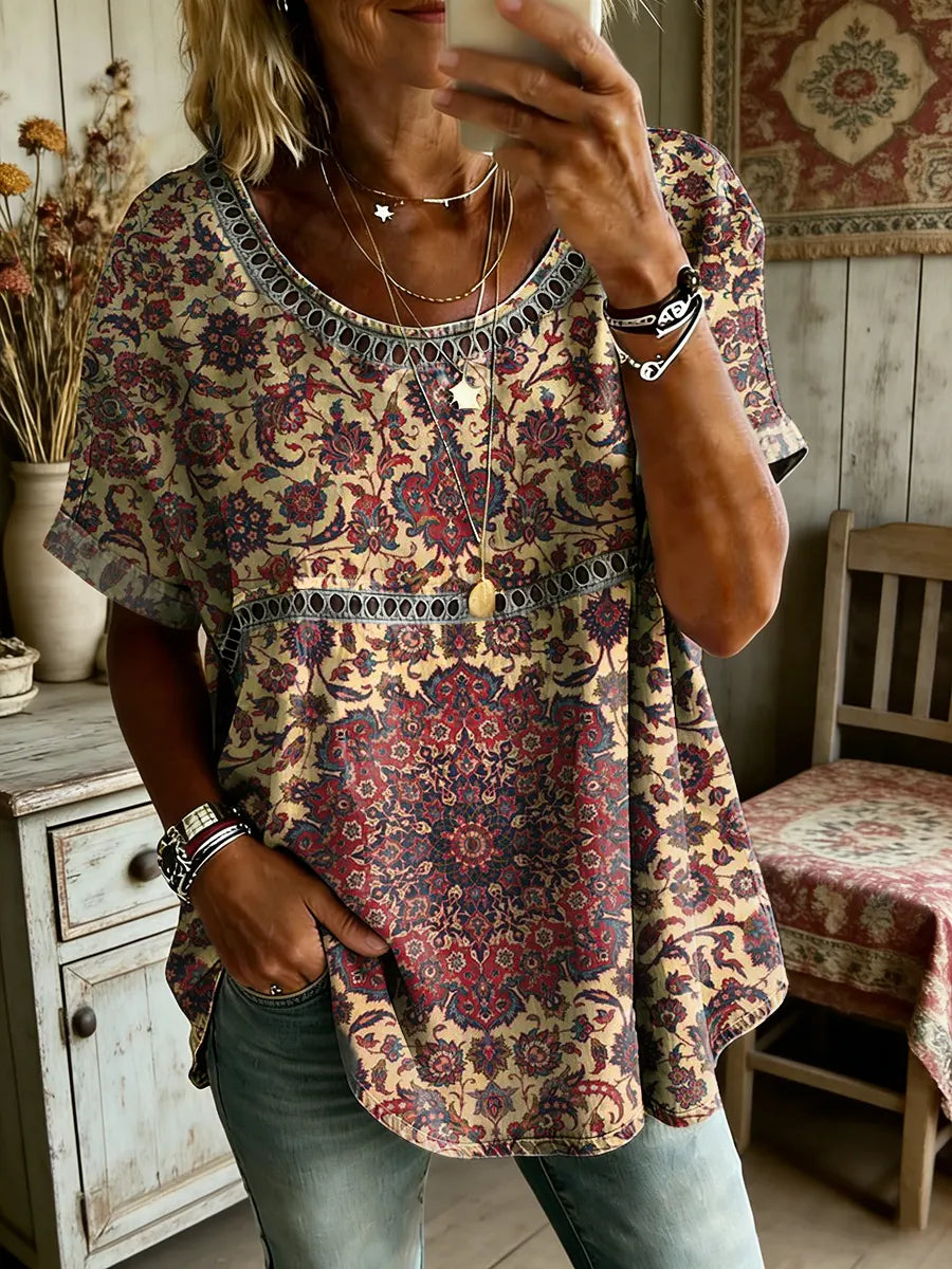 Women's Ethnic Floral Art Print Round Neck Short Sleeve Hollow-Out Shirt
