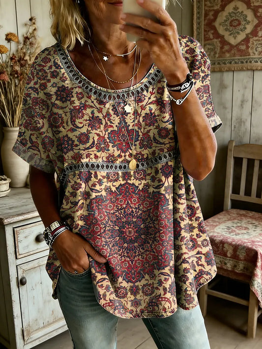 Women's Ethnic Floral Art Print Round Neck Short Sleeve Hollow-Out Shirt
