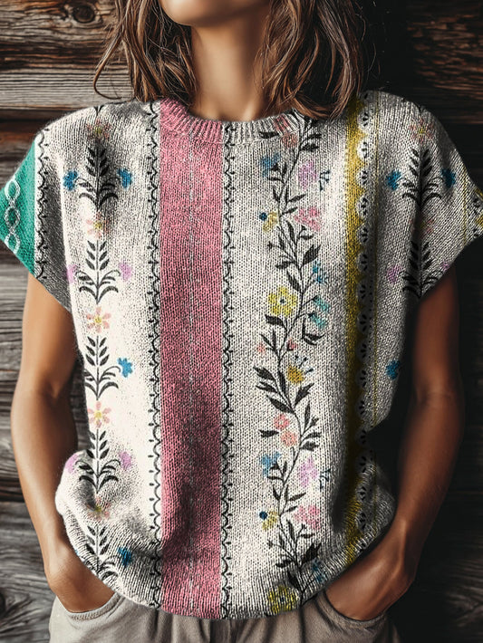 Women's Vintage Floral Art Print Casual Crew Neck Short Sleeve Knitted Sweater