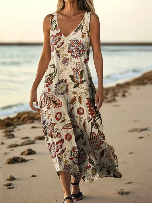 Women's Vintage Folk Floral Art Print Sleeveless V Neck Pocket Cotton Dress