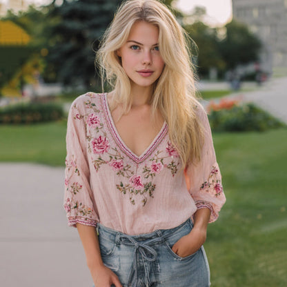 Women's Vintage Pink Floral Embroidery V-neck T-shirt