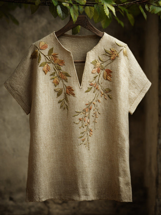 Spring Bud Embroidery Short-sleeved V-neck Top