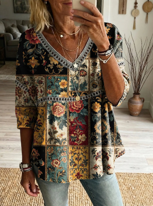 Women's Floral Art Print Casual V-neck Tie-front Top