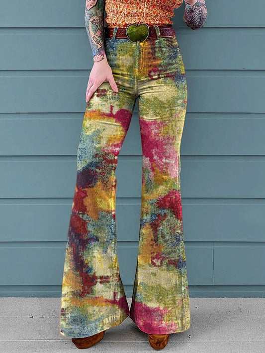 Women's Vintage Gradient Fade Print Mid-Rise Button-Hem Bootcut Pants (Without Belt)