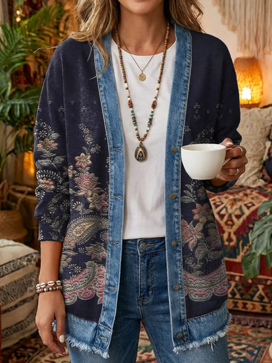 Women's Bohemian Floral Pattern Art Print Casual Long-Sleeve Shirt Jacket