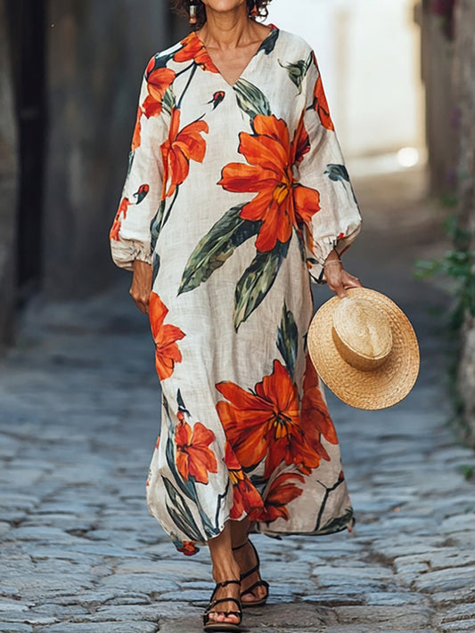 Women's Floral Art Patterns Print Pocket Cotton Dress