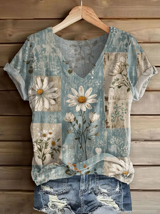 Ethnicity Bohemian Style Flowers Women's V-neck Print Casual T-shirt