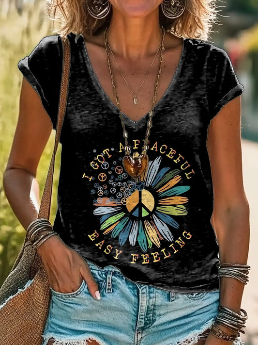 Women's Hippie Flower Art Print Cotton V-neck T-Shirt