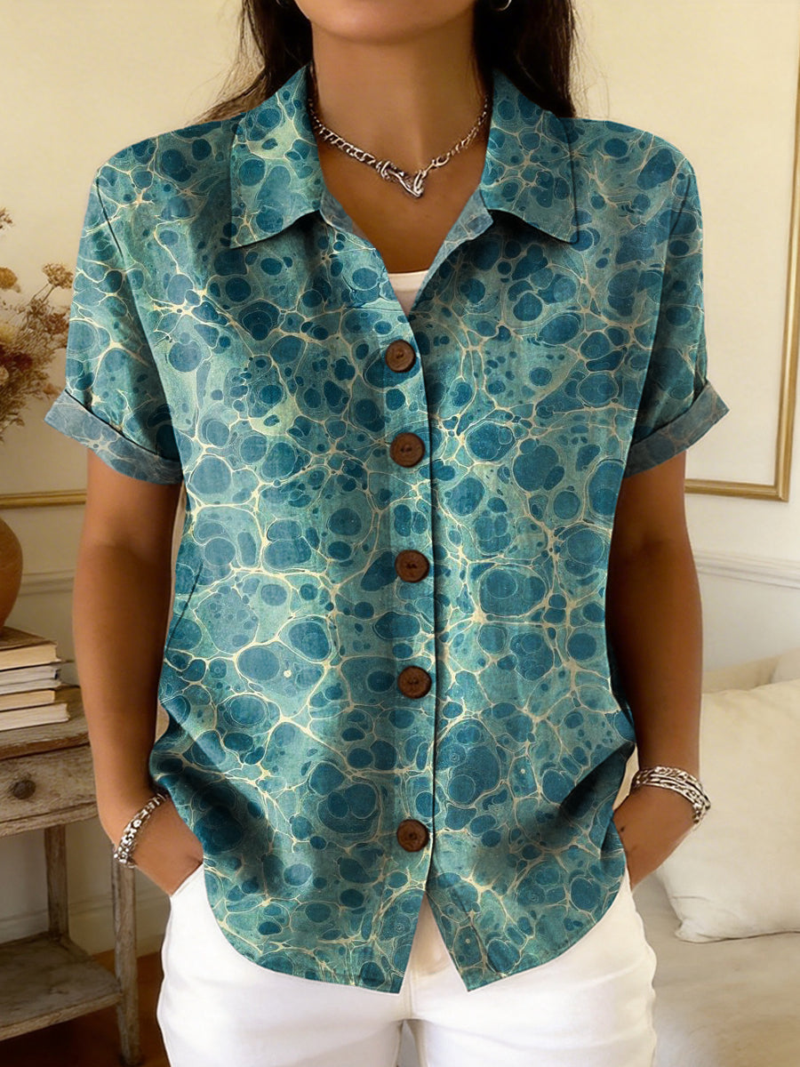 Women's Retro Art Print Casual Short-sleeve Cardigan Shirt