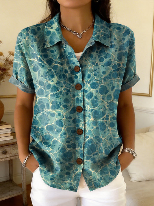 Women's Retro Art Print Casual Short-sleeve Cardigan Shirt