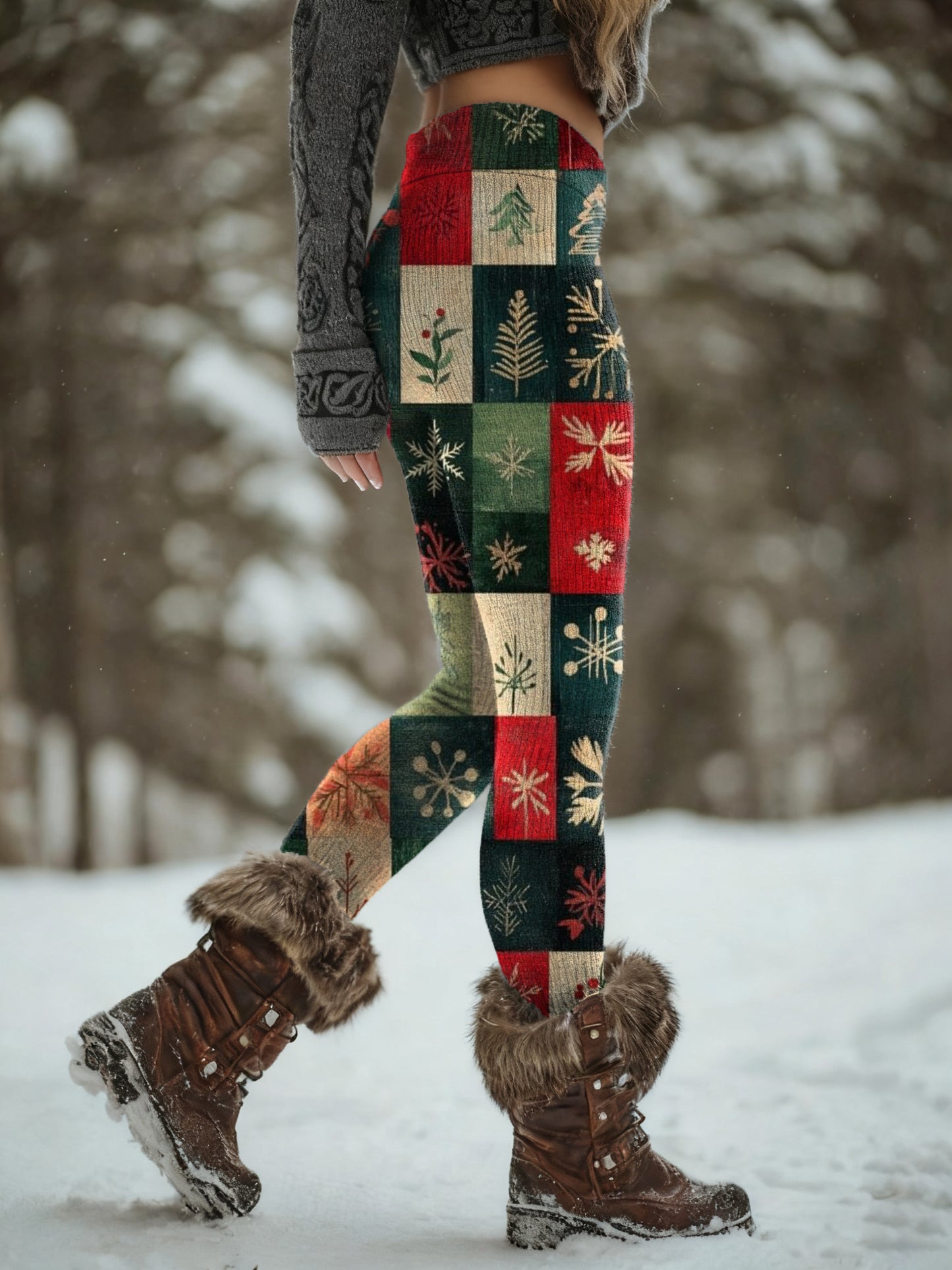 Women's Retro Christmas Patchwork Pattern Art Print Knit Leggings