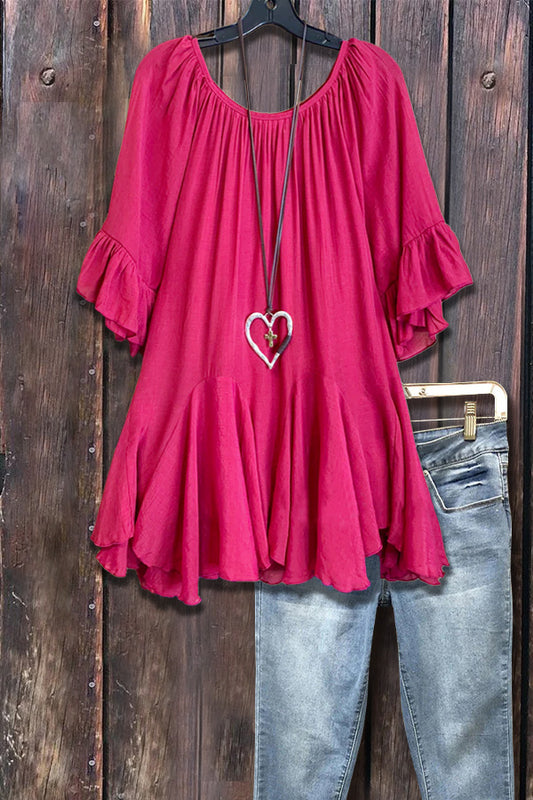Solid Ruffle Detailed Oversized Tunic Top