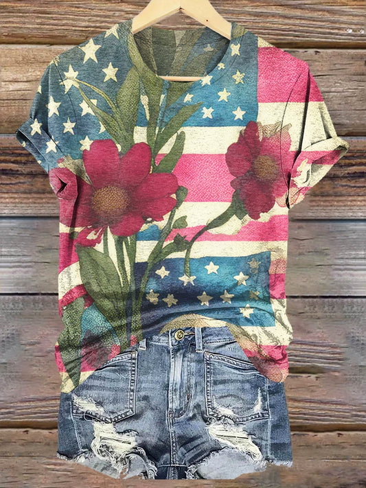 Women's Vintage Flag Floral Art Print Crew Neck T-Shirt