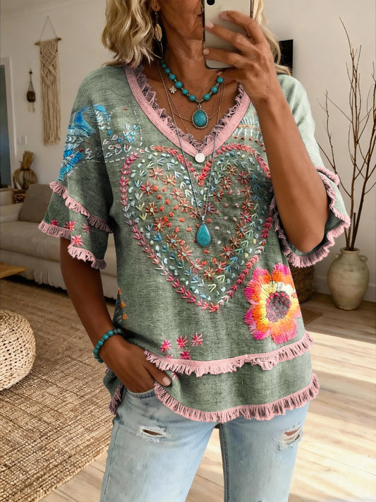 Women's Retro Bohemian Heart Floral Art Print Casual V-Neck T-Shirt