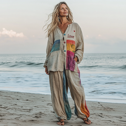 Comfort Vacation Oversized Linen Long Sleeve Shirt and Wide Leg Pants 8c39