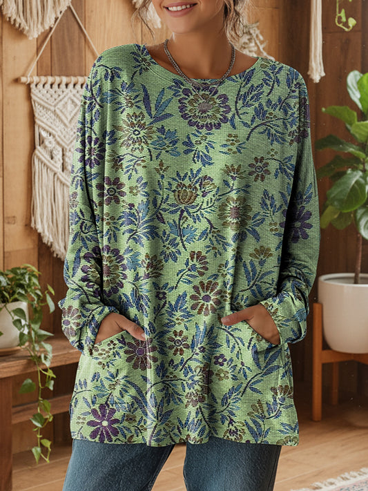 Women's Bohemian Tattoo Floral Art Print Casual Long-Sleeve T-Shirt