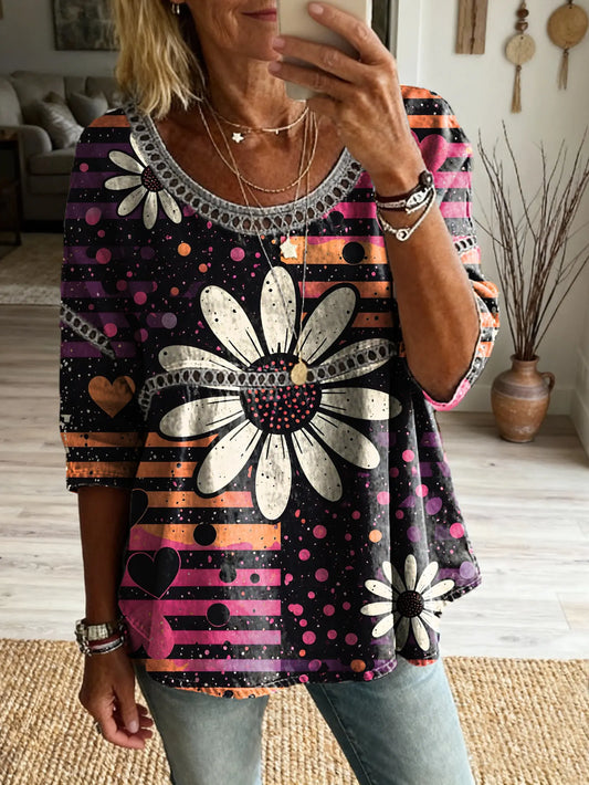 Women's Daisy Print Artistic Casual Crew Neck Tie-front Top