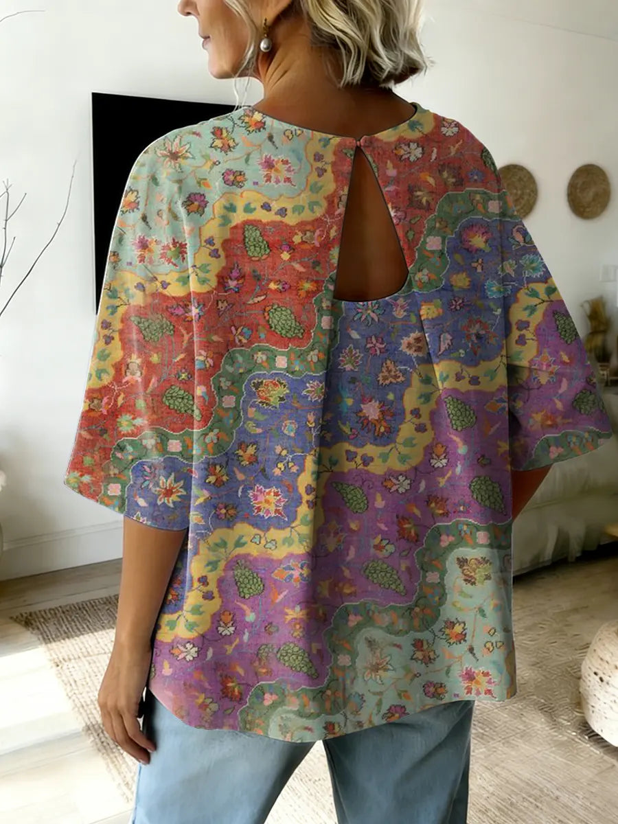 Ethnicity Flowers Arc Women's Art Print Round Collar Shirt Top