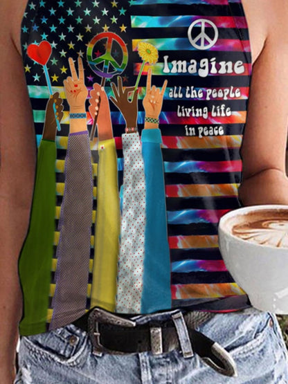 Hippie Imagine All The People Living Life In Peace Print Tank Top