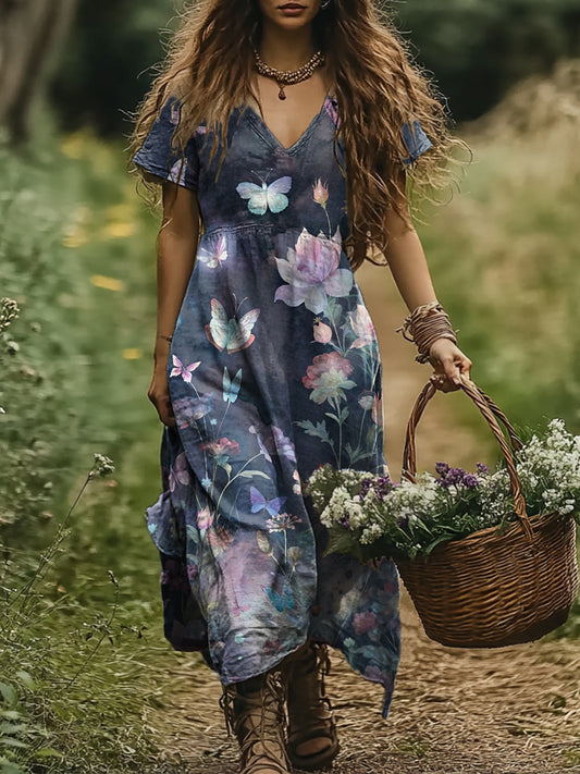 Women's Vintage Floral Butterfly Art Print Pocket Cotton Dress