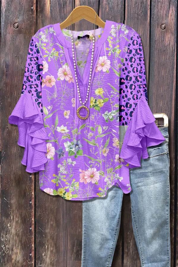 Spring Floral Print Leopard Ruffle Sleeve Top