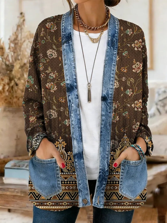 Women's Ethnic Retro Floral Art Print Casual Long-sleeved Comfortable Denim Patchwork Cardigan